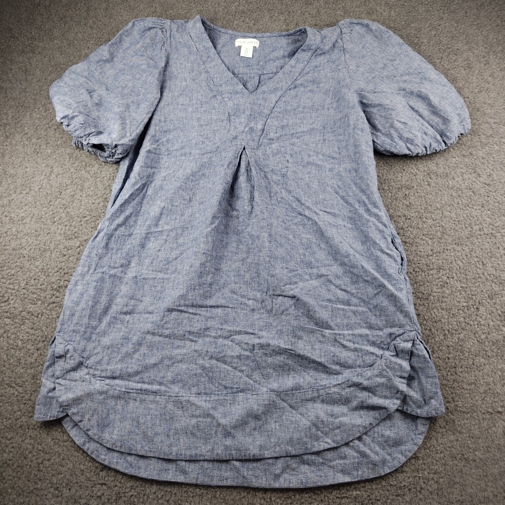 Cynthia Rowley Tunic Linen Blend Sz XL Short Puff Sleeve Blue Pockets EUC